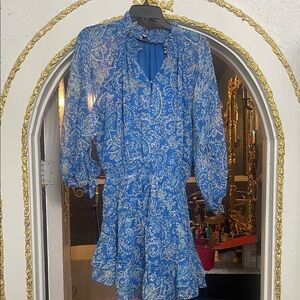 Fate Blue and White Paisley Long Sleeve Dress M